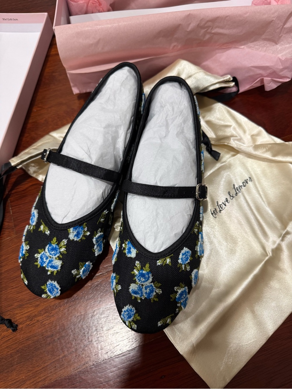 For Love And Lemons Evelyne Embroidered Mary Jane Flats with Blue Roses - Picture 2 of 11